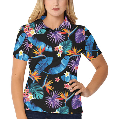 Tropical Flower Pattern Print Design TF018 Women's Polo Shirt