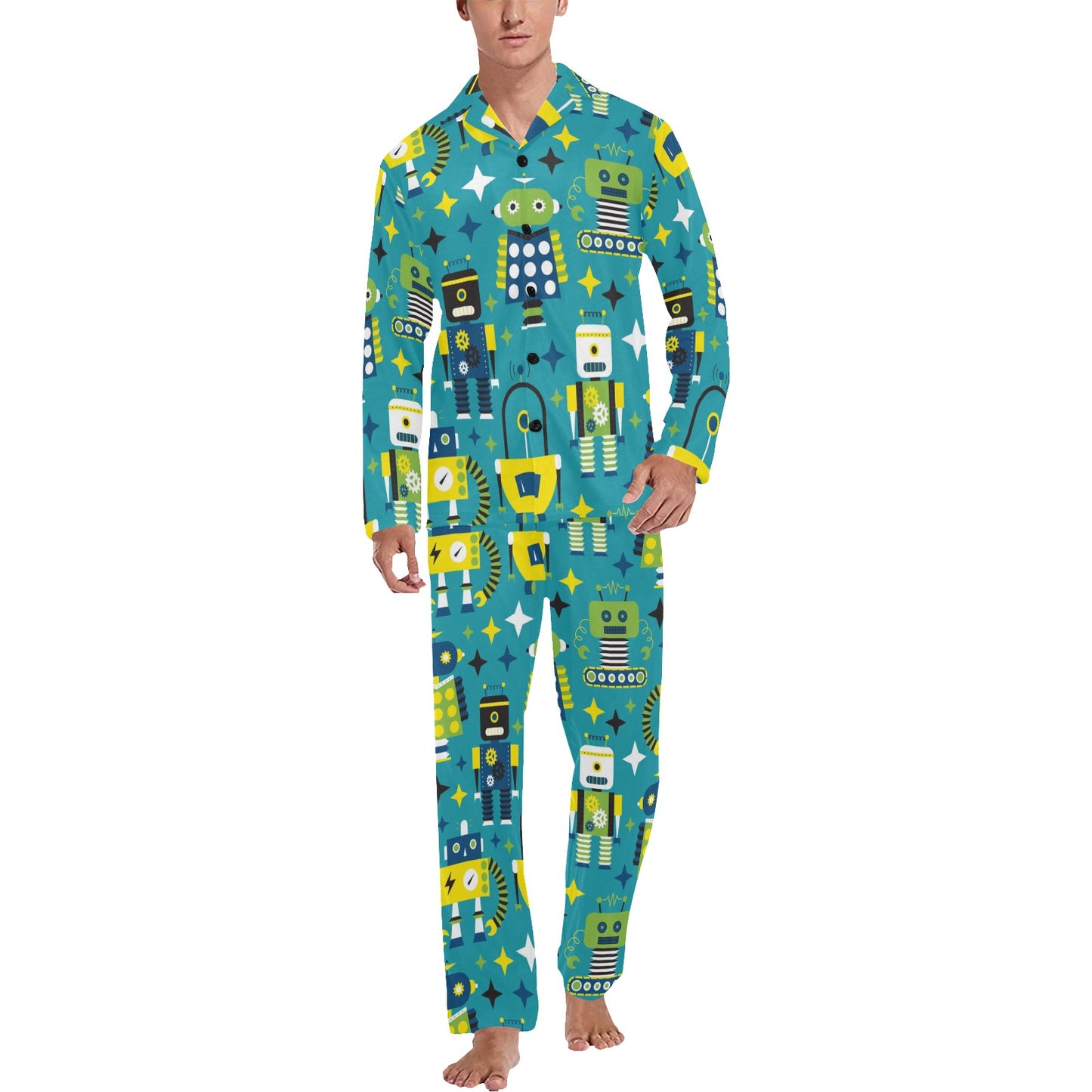 Robot Pattern Print Design A02 Men's Long Pajama Set