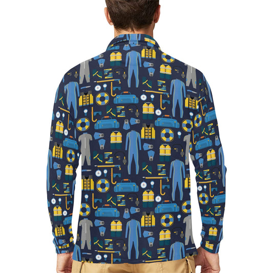 Scuba Equipment Print Design LKS305 Long Sleeve Polo Shirt For Men's