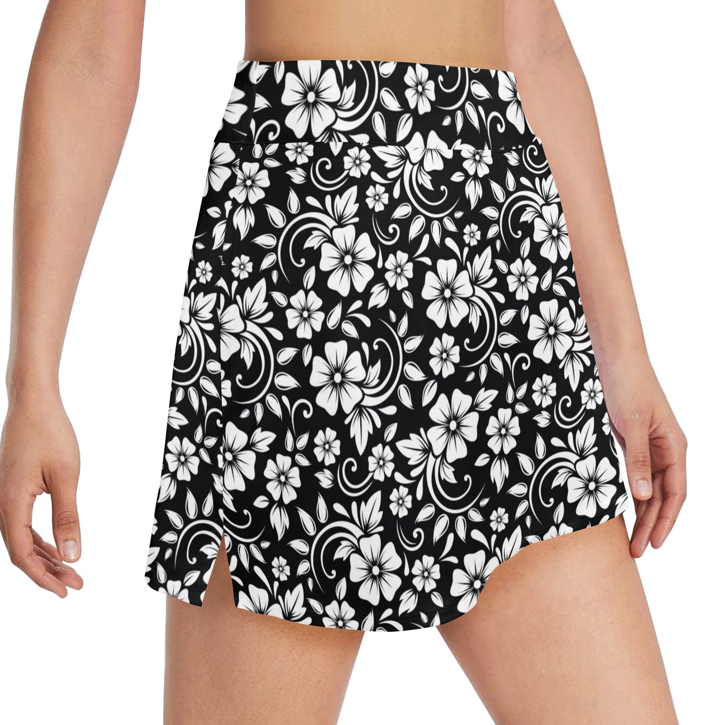 Floral Black White Themed Print 17" Golf & Pickleball Skort with Pockets