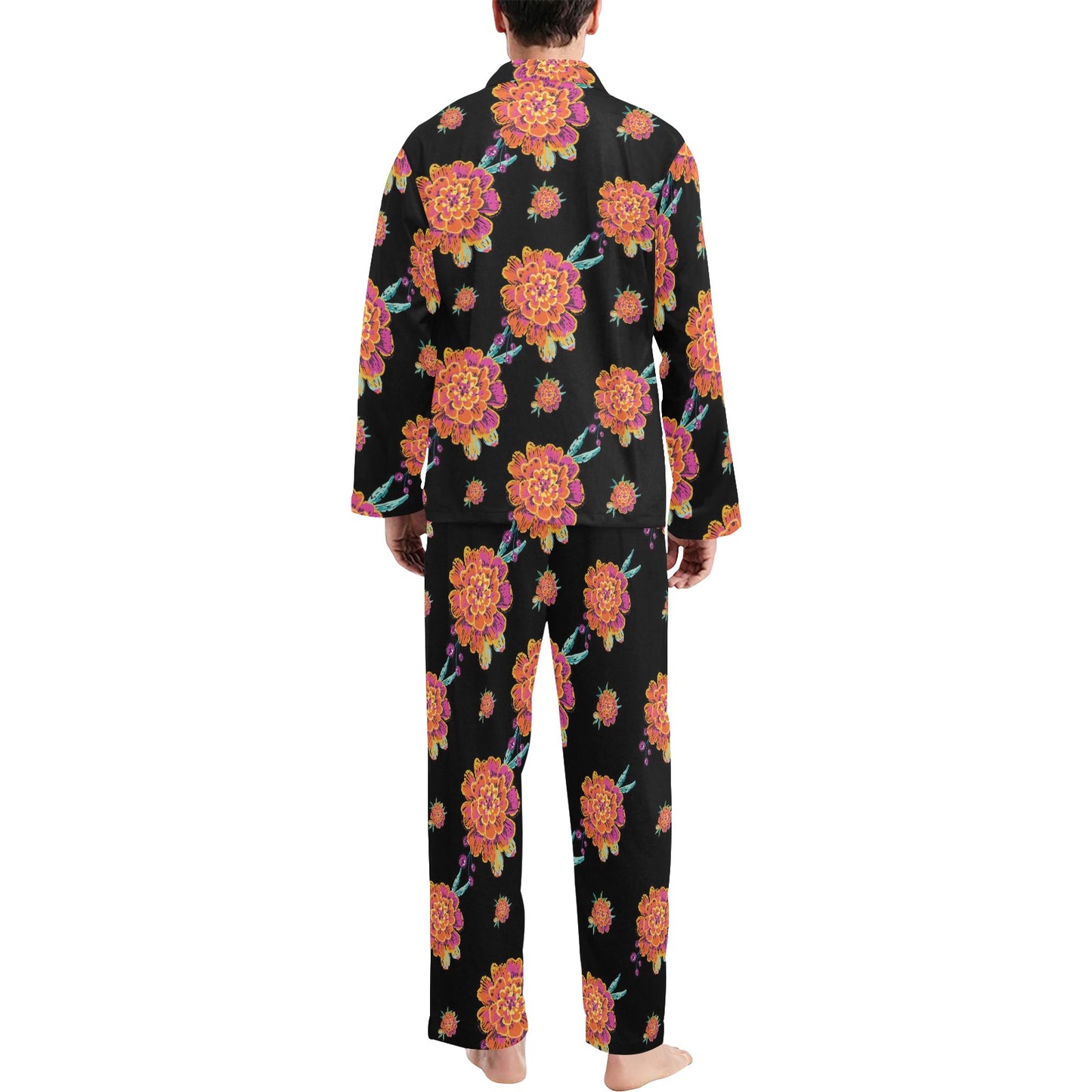 Marigold Pattern Print Design 01 Men's Long Pajama Set