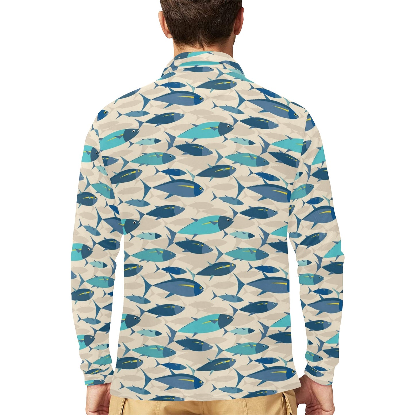 Tuna Fish Print Design LKS302 Long Sleeve Polo Shirt For Men's