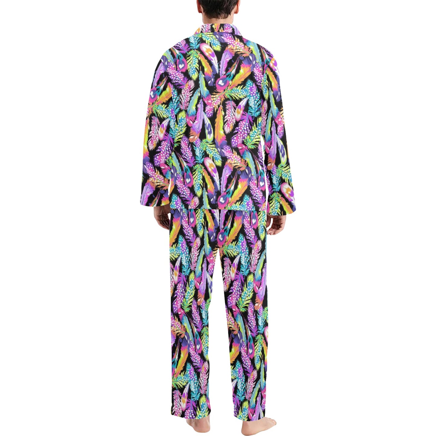 Neon Feather Pattern Print Design A02 Men's Long Pajama Set