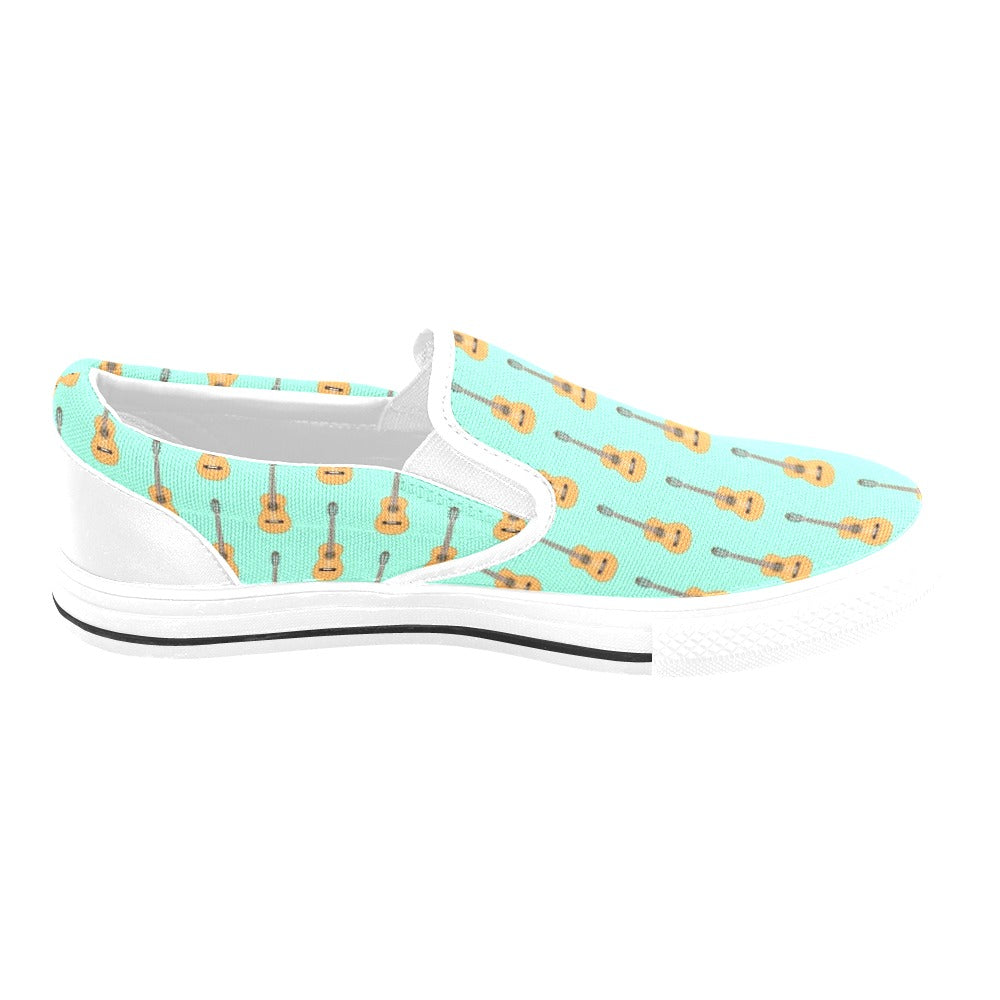 Acoustic Guitar Print Design LKS403 White Slip Ons Canvas Women's Shoes