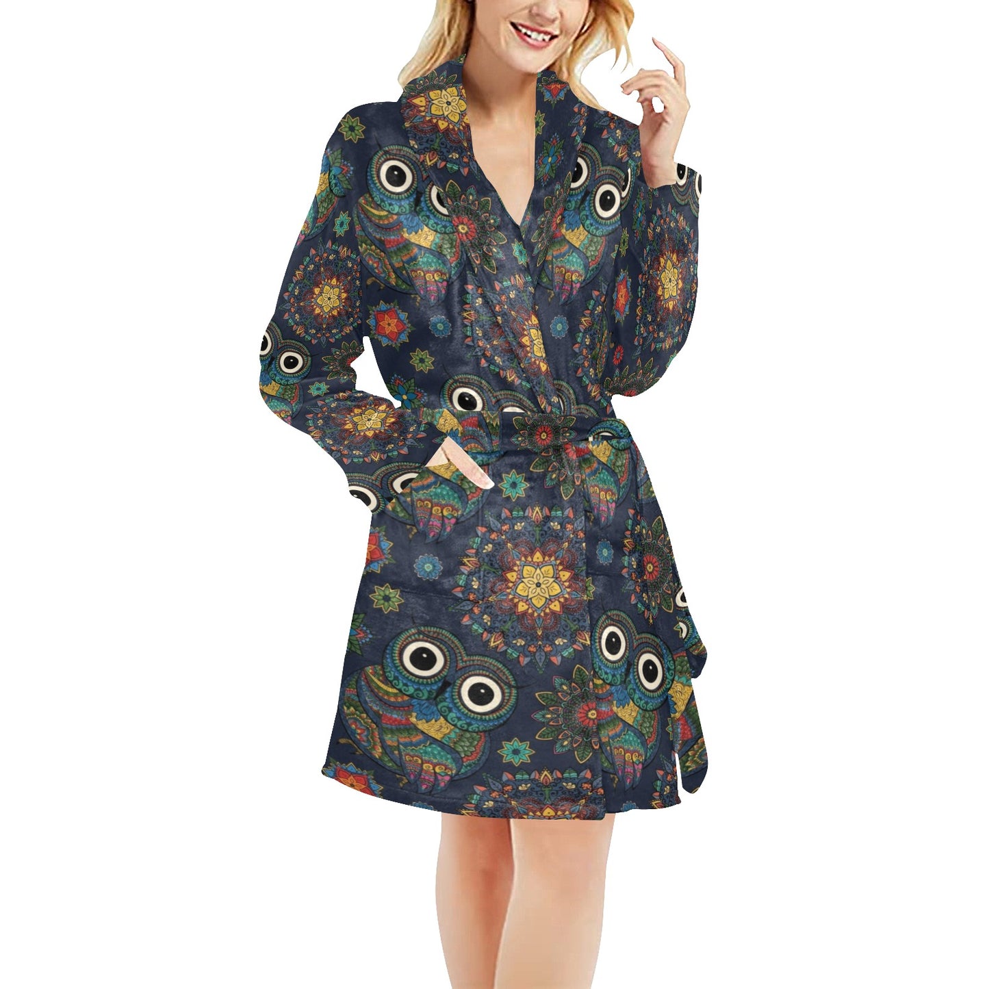 Owl Boho Style Pattern Print Design A04 Women's Fleece Robe