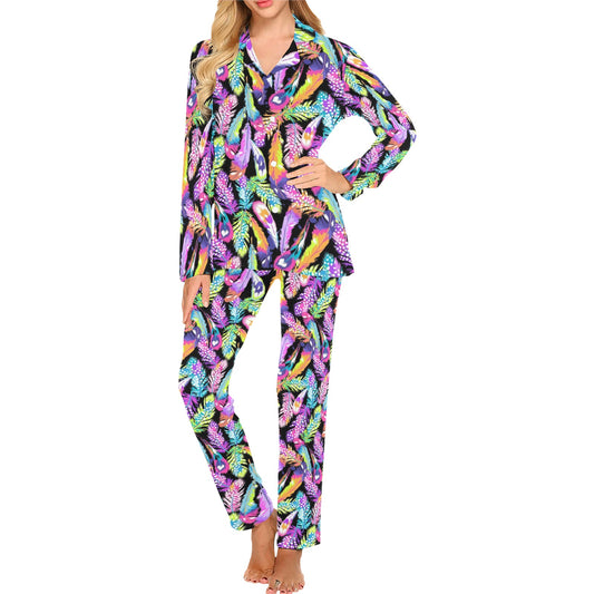 Neon Feather Pattern Print Design A02 Women's Long Pajama Set