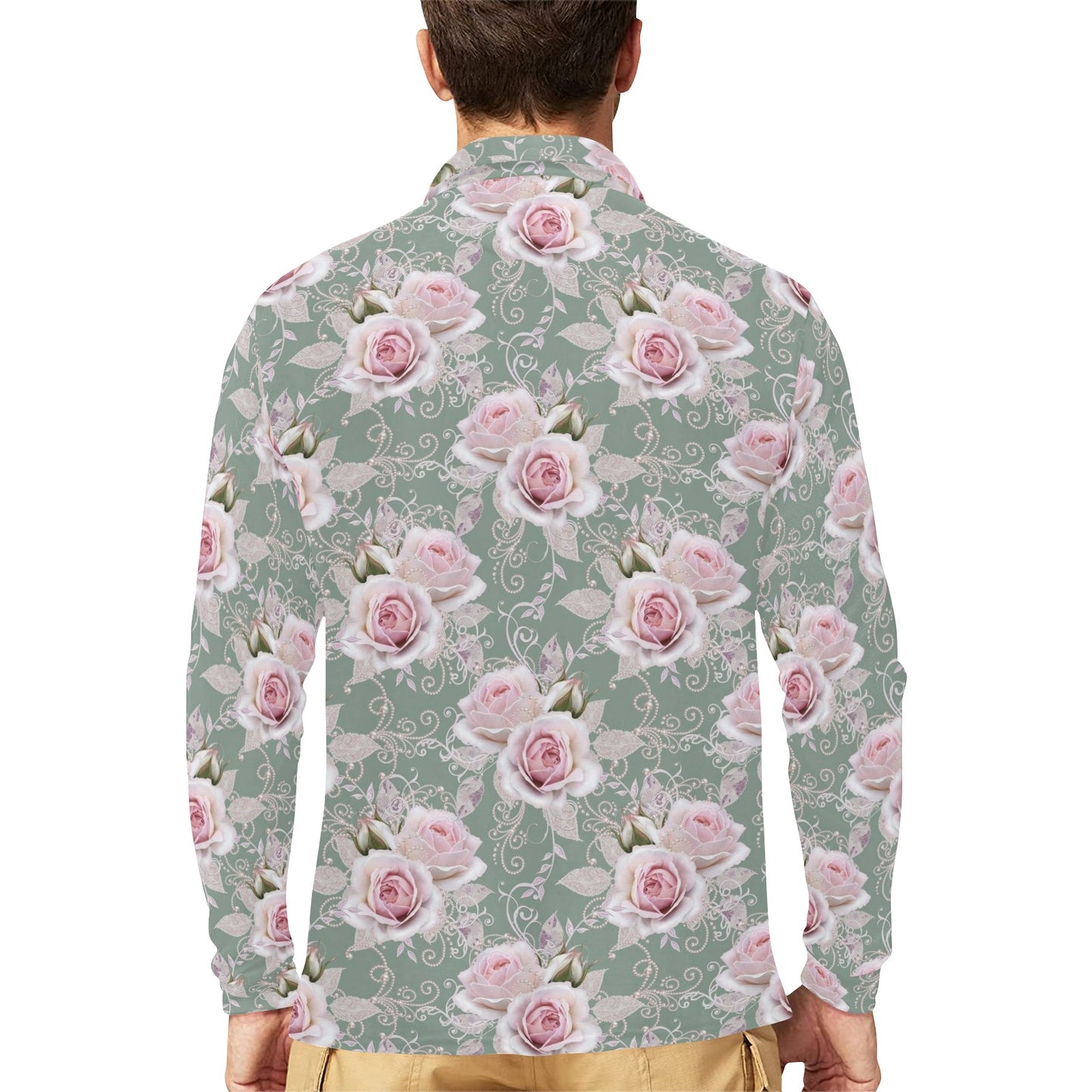 Rose White Pattern Print Design RO012 Long Sleeve Polo Shirt For Men's