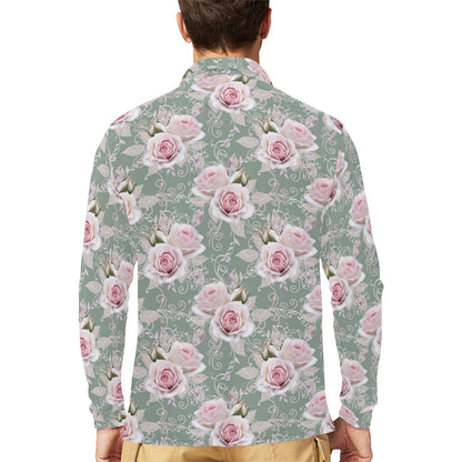 Rose White Pattern Print Design RO012 Long Sleeve Polo Shirt For Men's