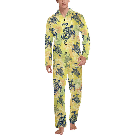 Hawaiian Turtle Tribal Design Print Men's Long Pajama Set