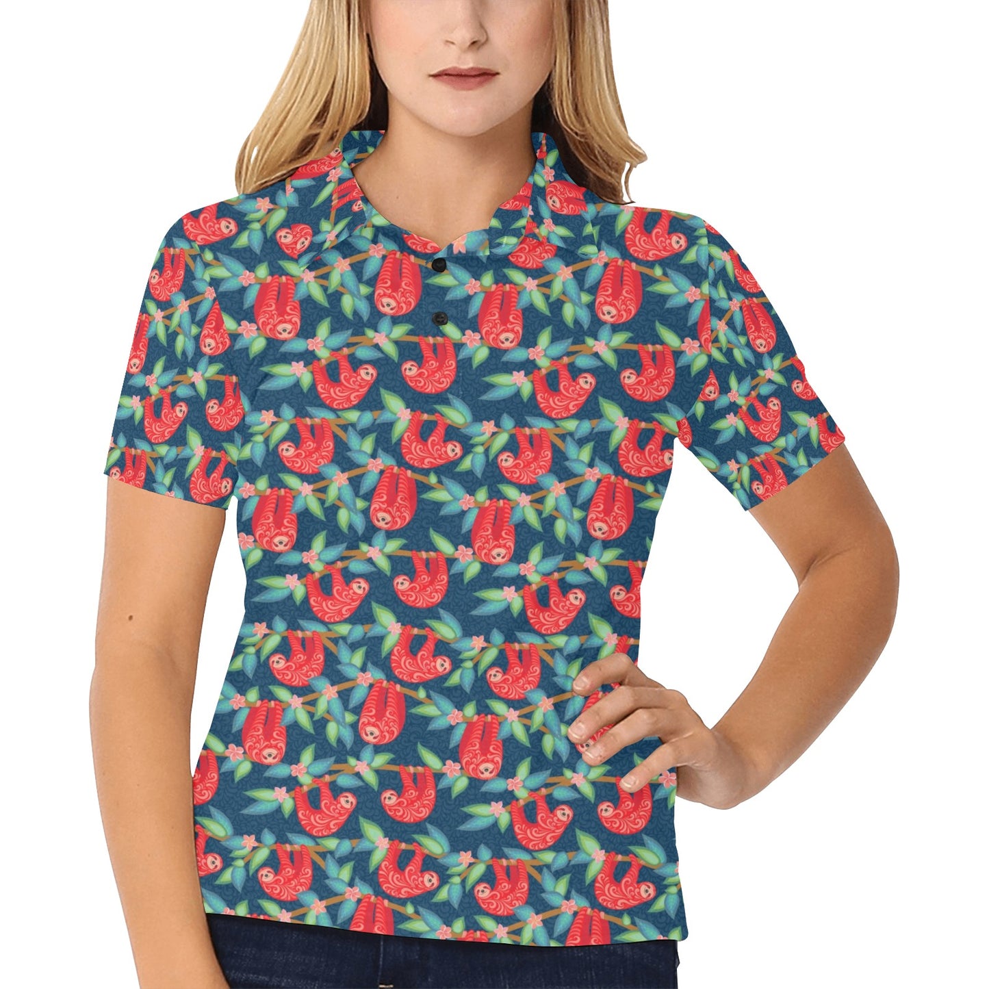 Sloth Red Design Themed Print Women's Polo Shirt