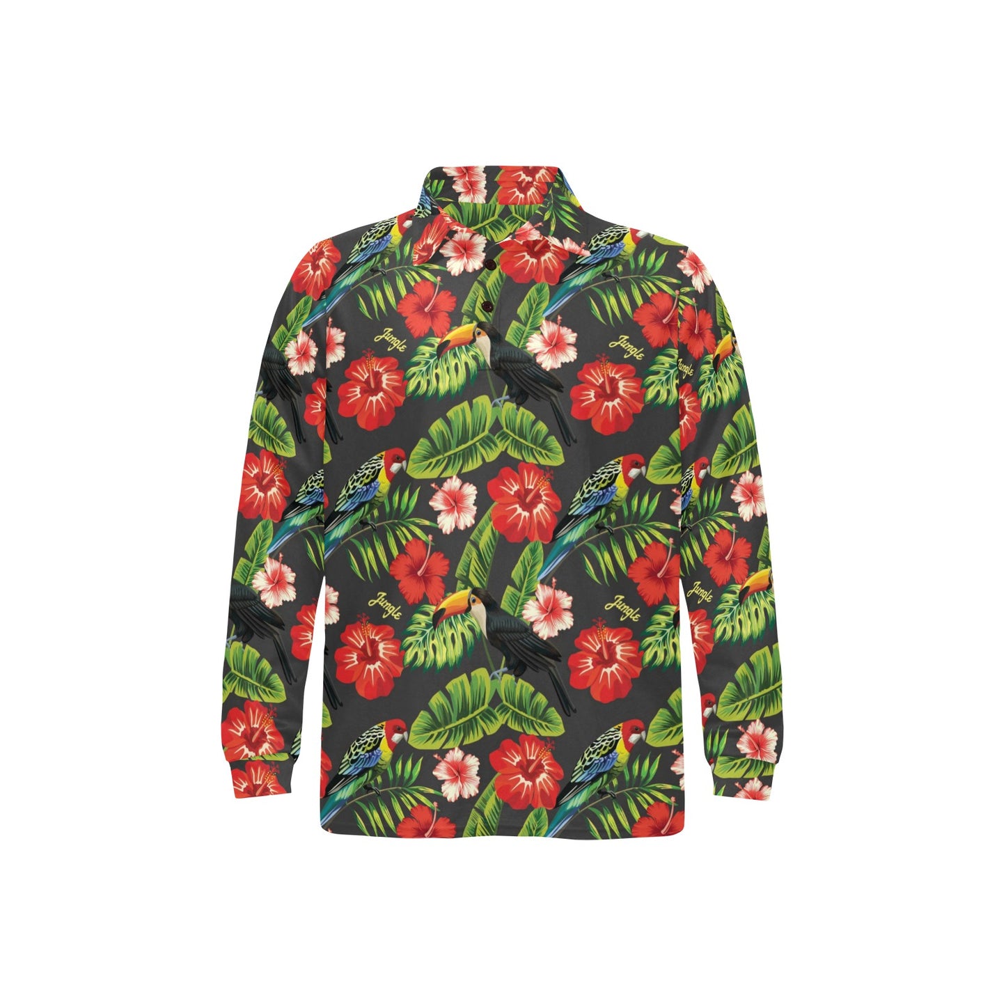 Hibiscus Red With Parrotprint Design LKS303 Long Sleeve Polo Shirt For Men's
