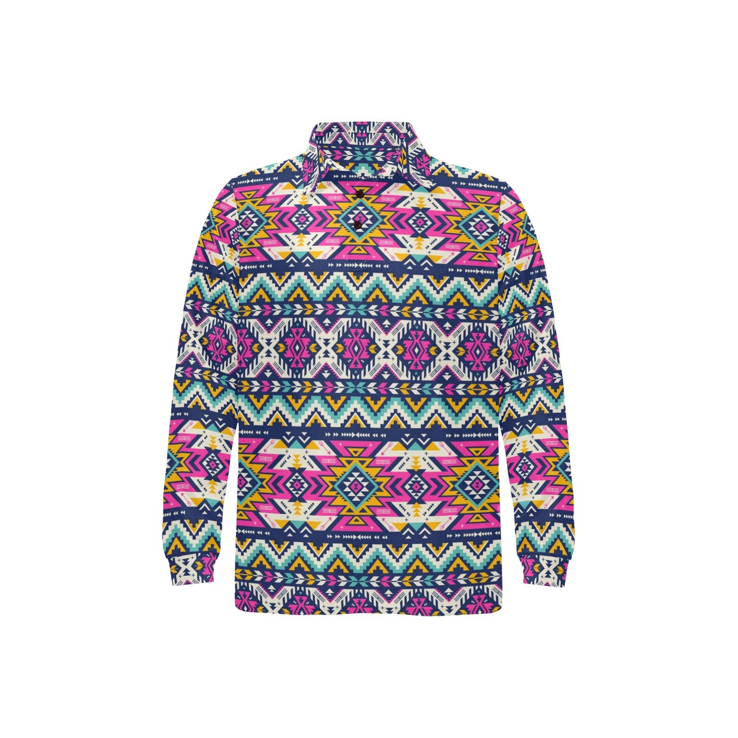 Aztec Pink Geometric Print Pattern Long Sleeve Polo Shirt For Men's