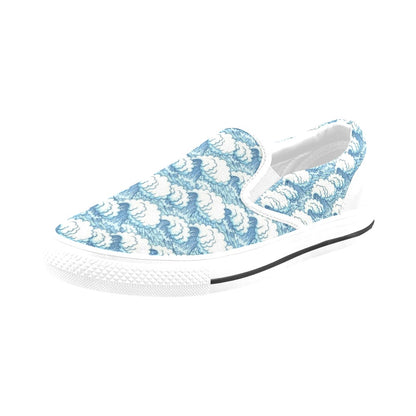 Wave Japan Style Print Design LKS304 White Slip Ons Canvas Women's Shoes