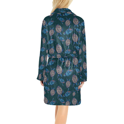 Sea Turtle Hand Drawn Blue Print Women's Fleece Robe