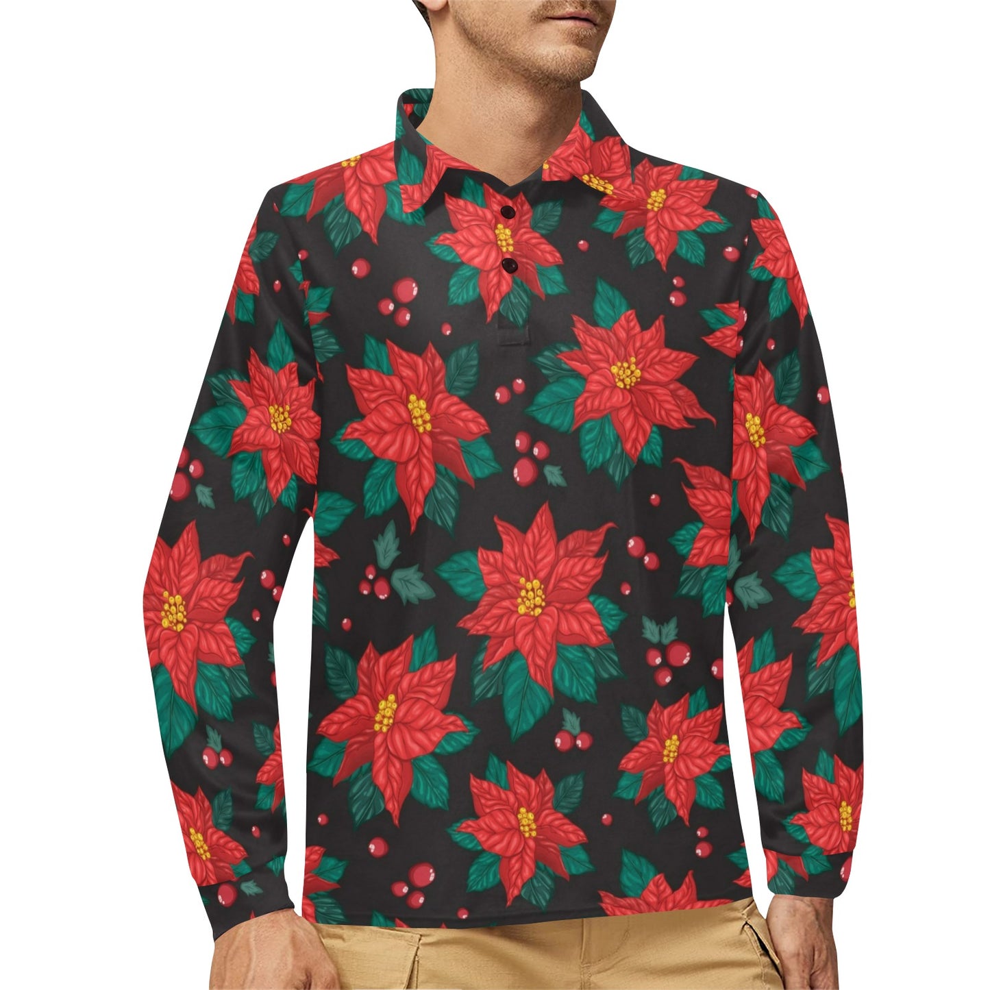 Poinsettia Pattern Print Design POT07 Long Sleeve Polo Shirt For Men's