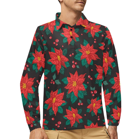 Poinsettia Pattern Print Design POT07 Long Sleeve Polo Shirt For Men's