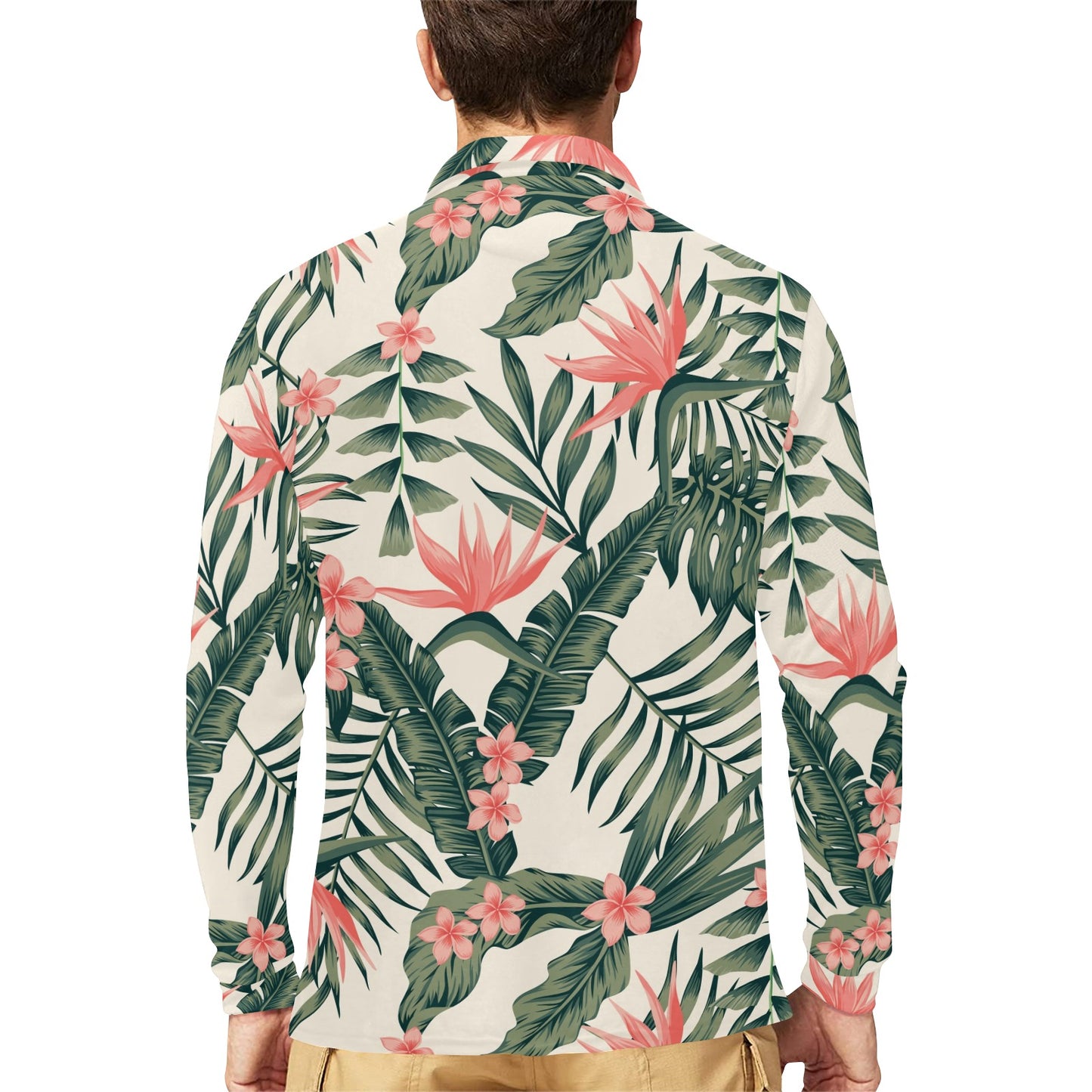 Tropical Flower Palm Leaves Long Sleeve Polo Shirt For Men's