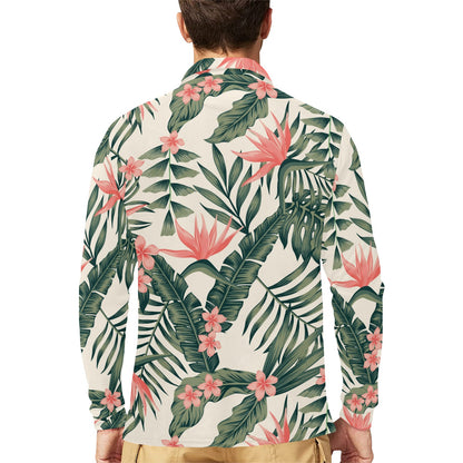 Tropical Flower Palm Leaves Long Sleeve Polo Shirt For Men's