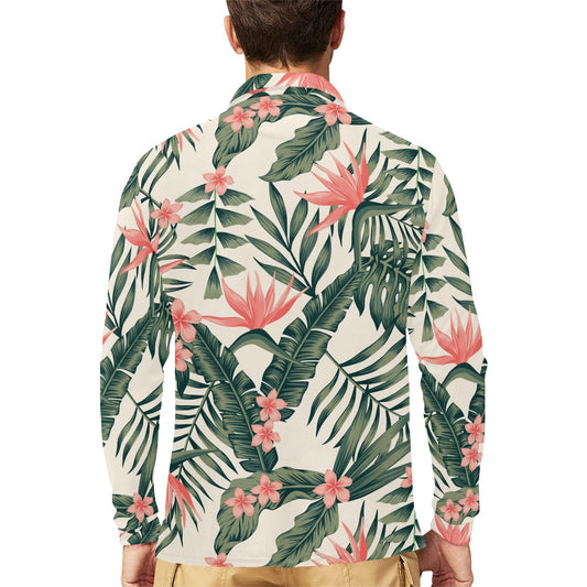 Tropical Flower Palm Leaves Long Sleeve Polo Shirt For Men's