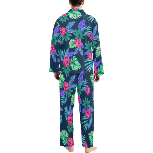 Tropical Flower Pattern Print Design TF09 Men's Long Pajama Set