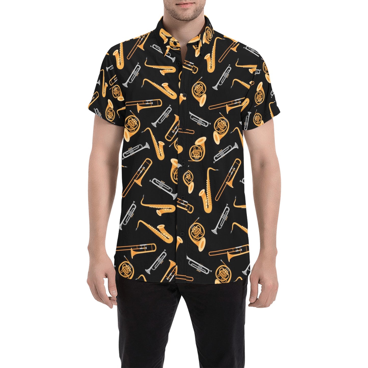 Saxophone Print Design LKS403 Men Short Sleeve Button Up Shirt