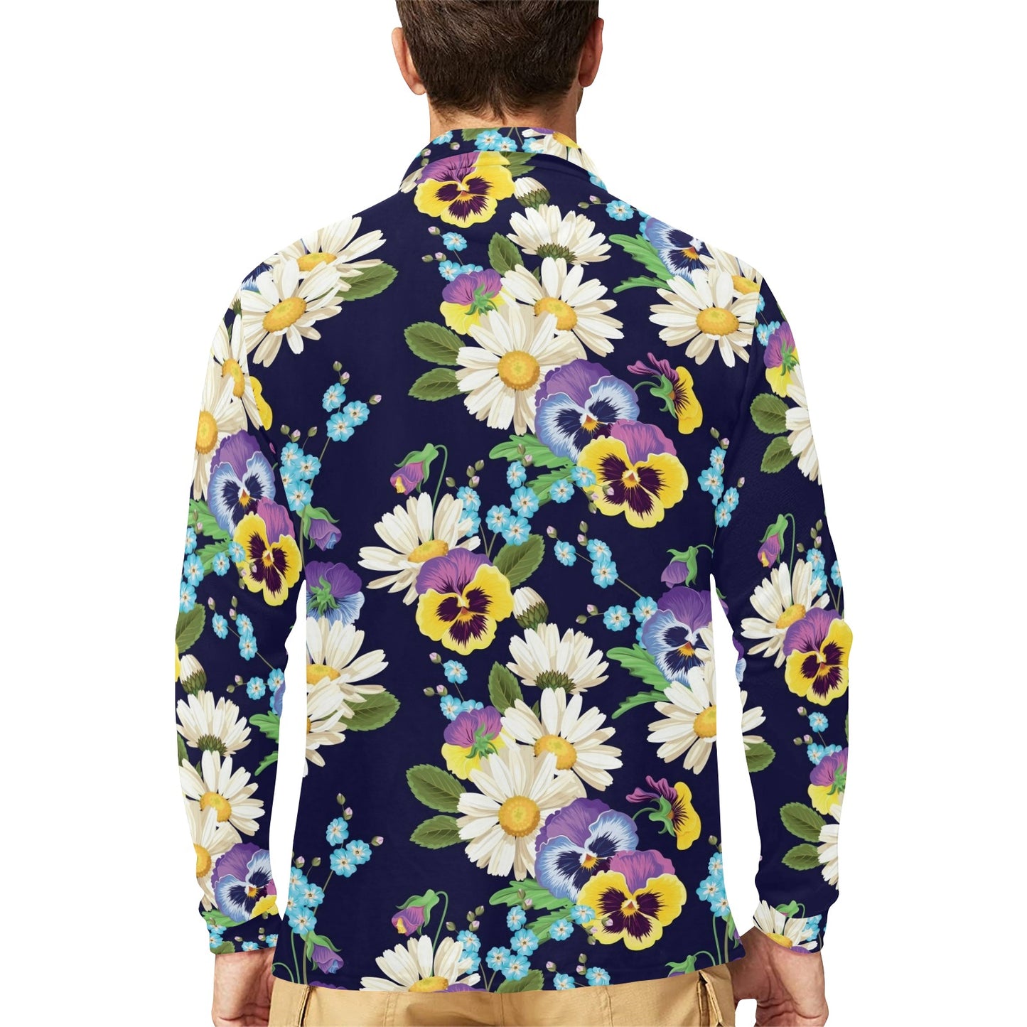 Pansy Pattern Print Design PS03 Long Sleeve Polo Shirt For Men's