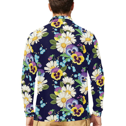 Pansy Pattern Print Design PS03 Long Sleeve Polo Shirt For Men's