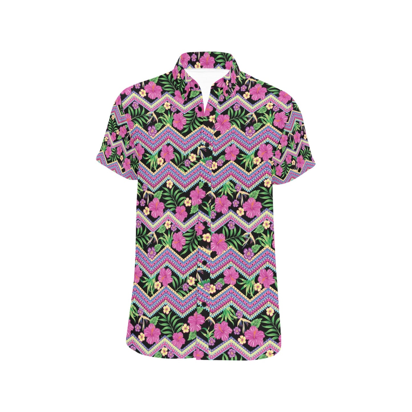 Hibiscus Pink Zigzag Line Pattern Design LKS307 Men Short Sleeve Button Up Shirt
