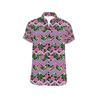 Hibiscus Pink Zigzag Line Pattern Design LKS307 Men Short Sleeve Button Up Shirt