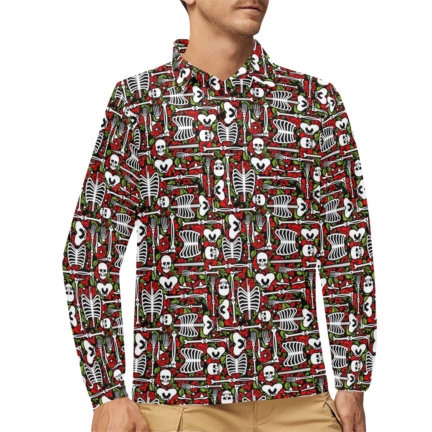 Skeleton Pattern Print Long Sleeve Polo Shirt For Men's