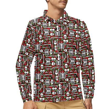 Skeleton Pattern Print Long Sleeve Polo Shirt For Men's