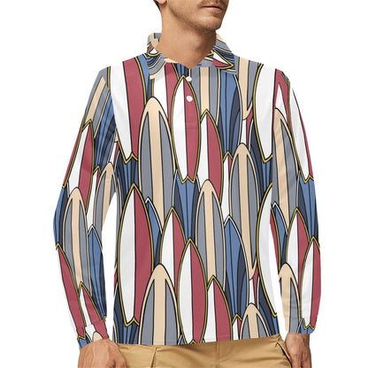Surf board Pattern Long Sleeve Polo Shirt For Men's