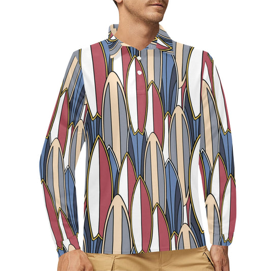 Surf board Pattern Long Sleeve Polo Shirt For Men's