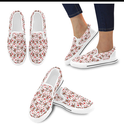 Silky Terriers Heart Print Design LKS302 White Slip Ons Canvas Women's Shoes