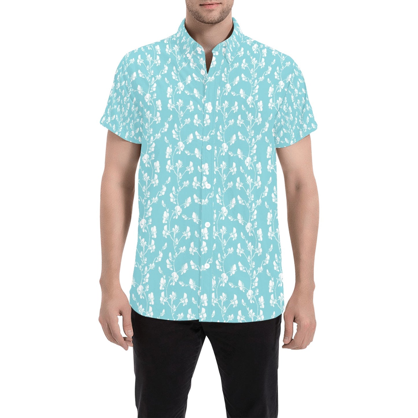 Sweet Pea Print Design LKS302 Men Short Sleeve Button Up Shirt