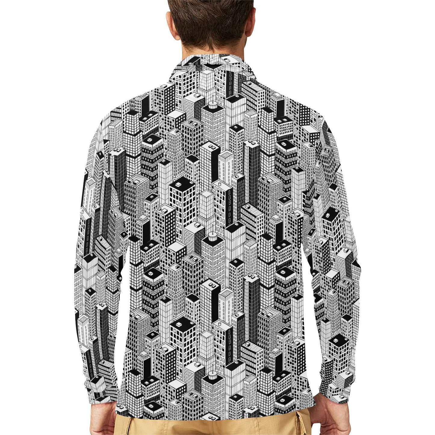 City  Pattern Print Design 02 Long Sleeve Polo Shirt For Men's