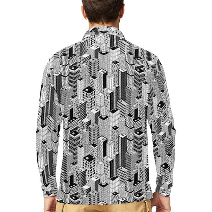 City  Pattern Print Design 02 Long Sleeve Polo Shirt For Men's