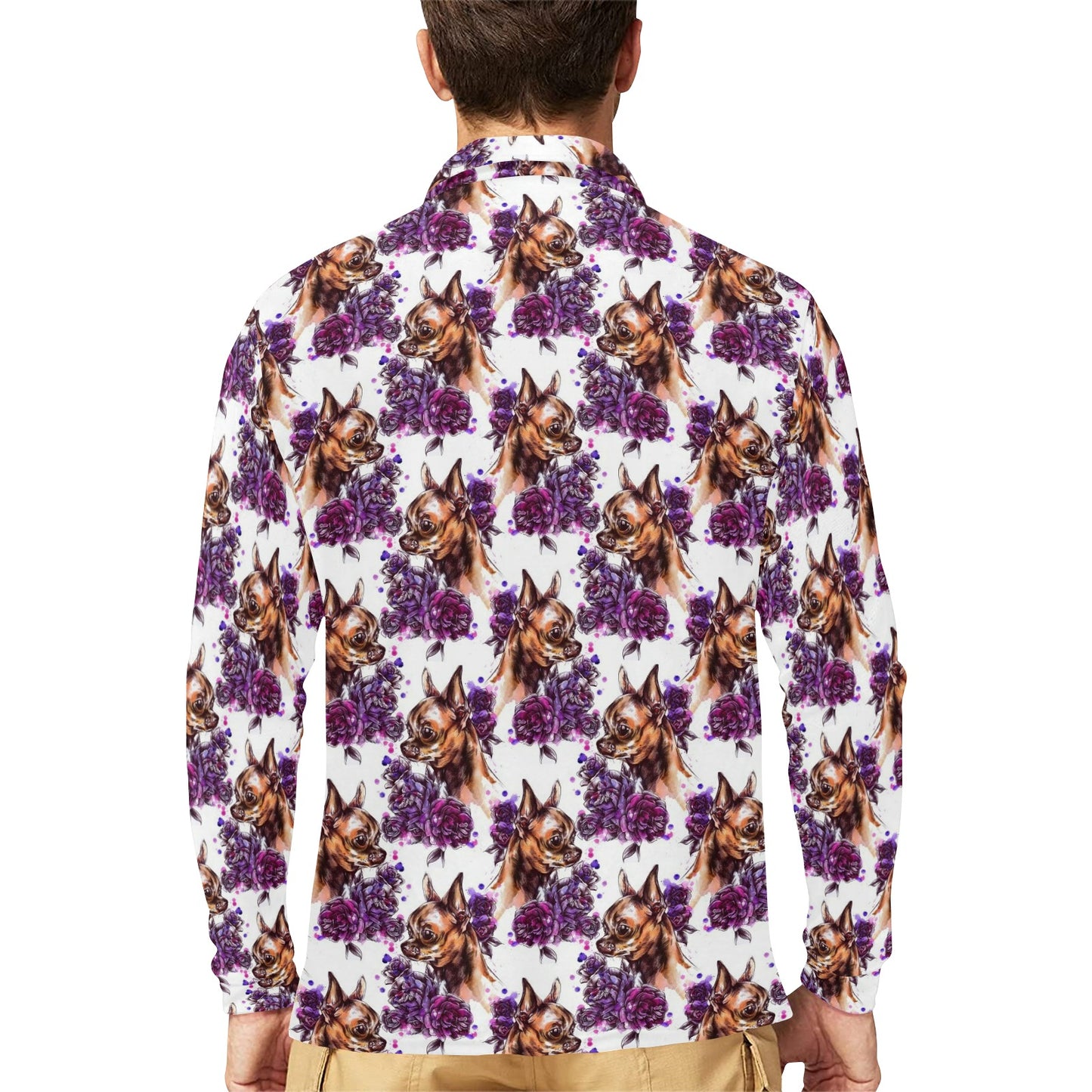 Chihuahua Purple Floral Long Sleeve Polo Shirt For Men's