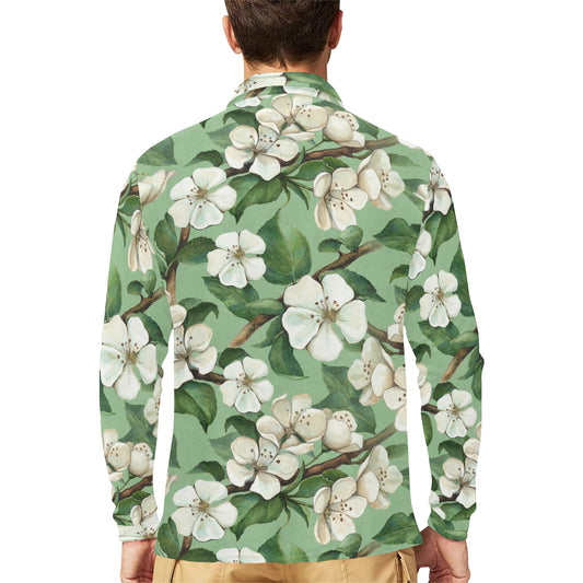 Apple blossom Pattern Print Design AB02 Long Sleeve Polo Shirt For Men's