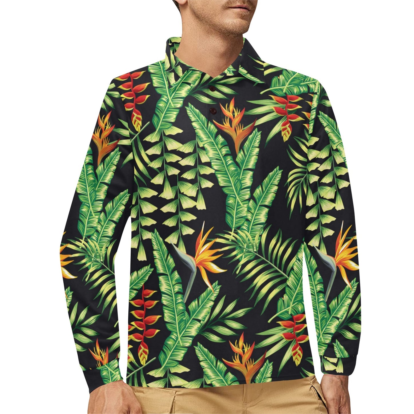 Hawaiian Flower Tropical Palm Leaves Long Sleeve Polo Shirt For Men's