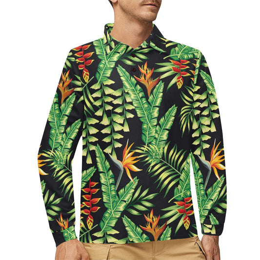 Hawaiian Flower Tropical Palm Leaves Long Sleeve Polo Shirt For Men's