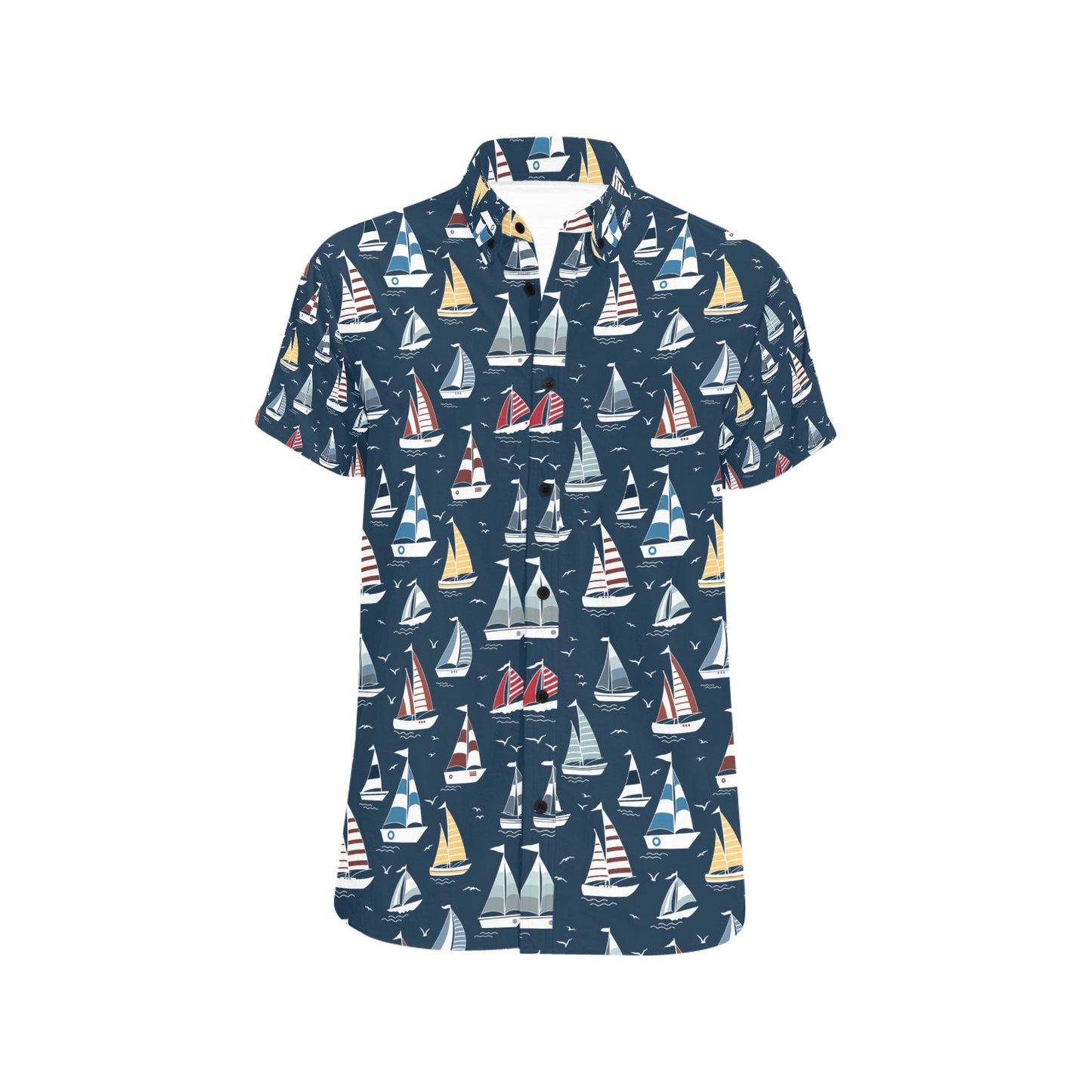 Sailboat Print Design LKS306 Men Short Sleeve Button Up Shirt