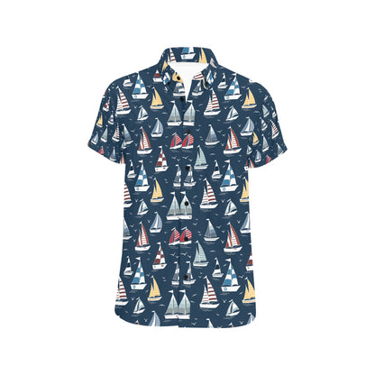 Sailboat Print Design LKS306 Men Short Sleeve Button Up Shirt