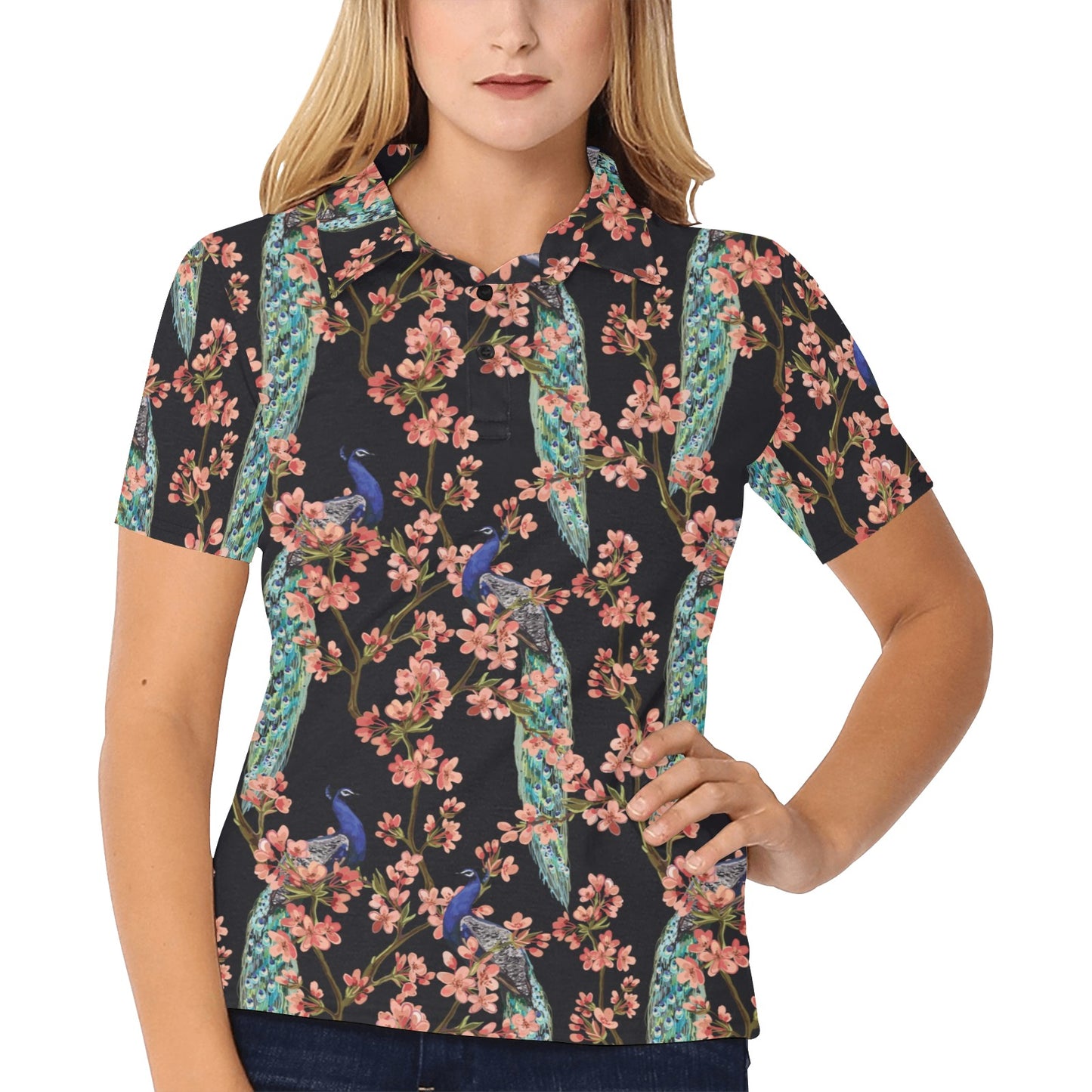 Peacock Pattern Print Design A01 Women's Polo Shirt