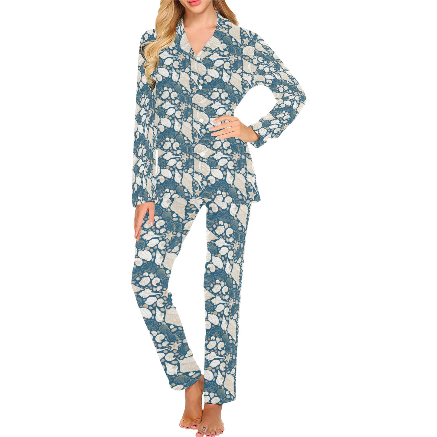 Seashell Print Design LKS308 Women's Long Pajama Set