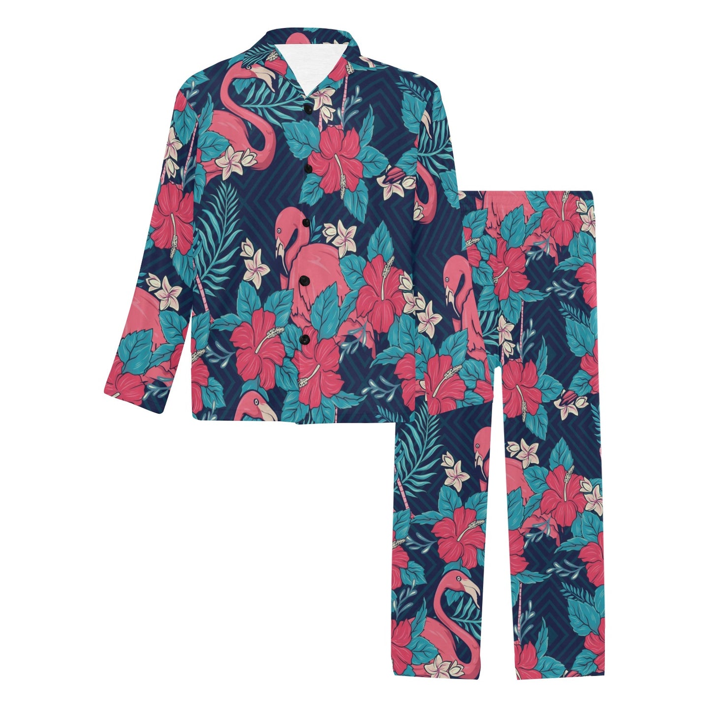 Flamingo Red Hibiscus Pattern Men's Long Pajama Set