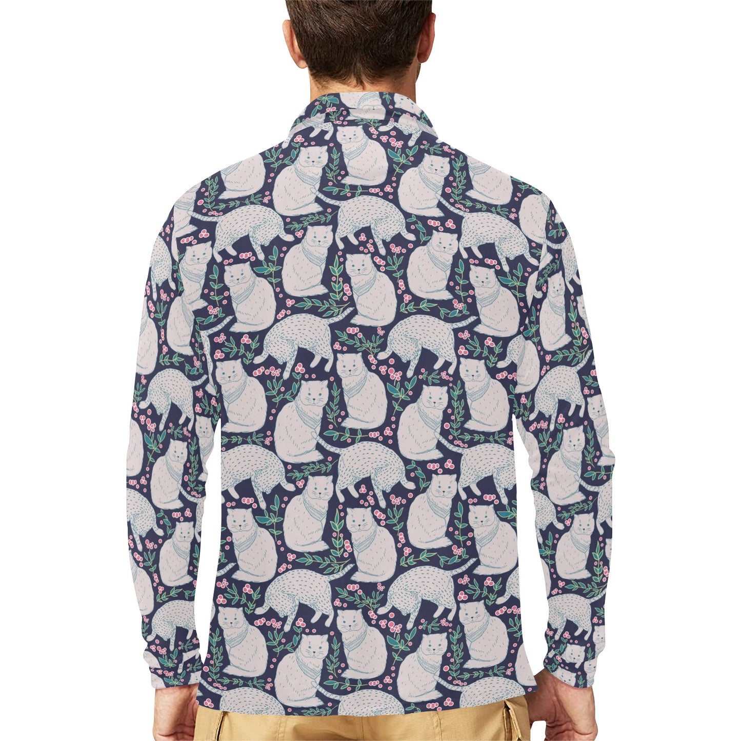 Cat Pattern Print Design 06 Long Sleeve Polo Shirt For Men's