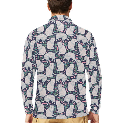 Cat Pattern Print Design 06 Long Sleeve Polo Shirt For Men's