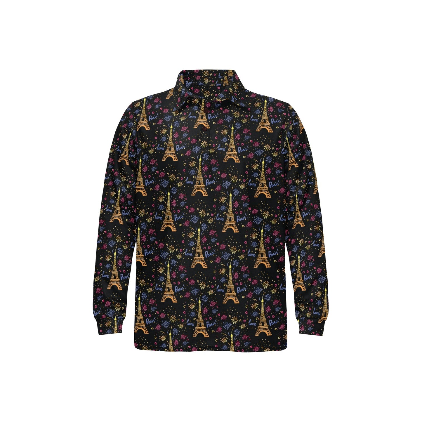 Eiffel Tower Love Paris Print Long Sleeve Polo Shirt For Men's