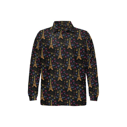 Eiffel Tower Love Paris Print Long Sleeve Polo Shirt For Men's